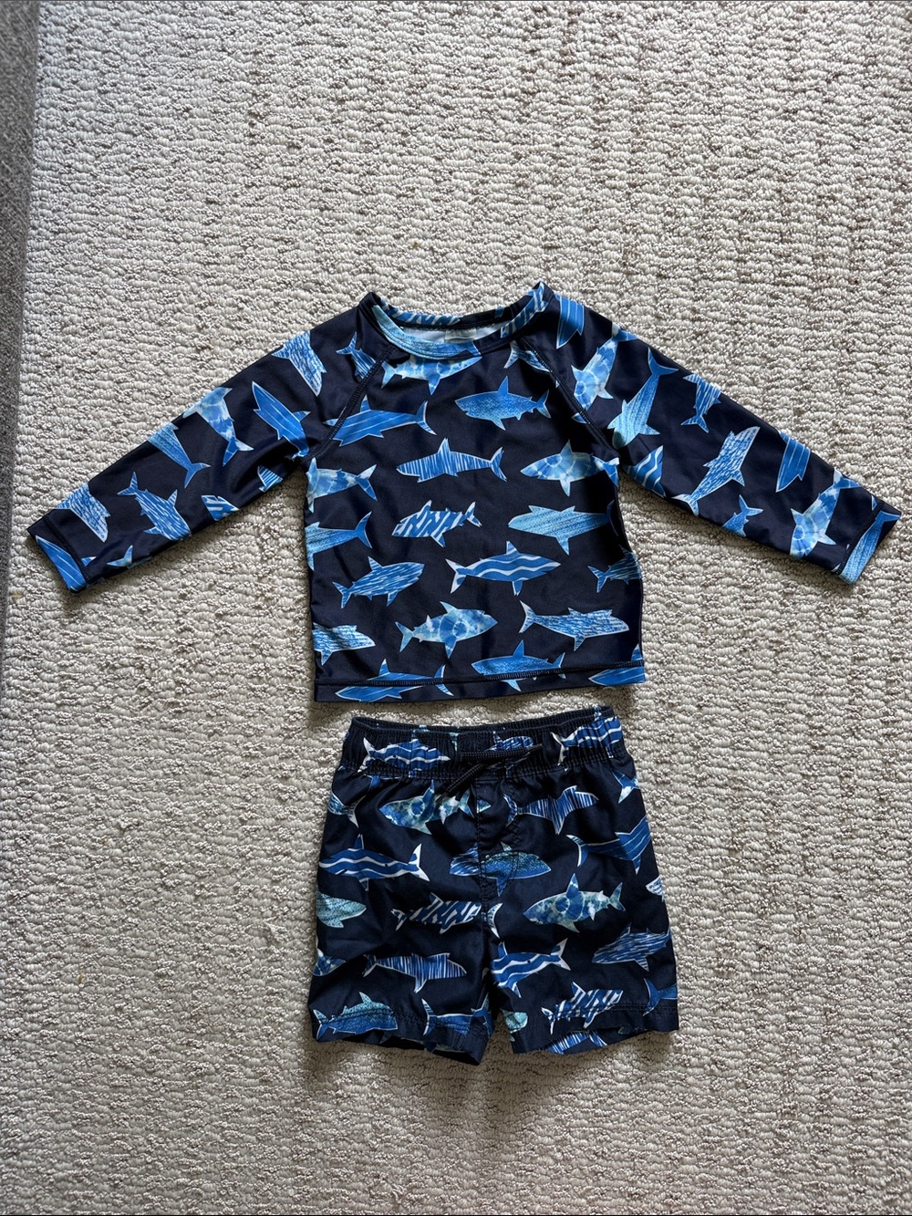 Old Navy Navy and Light Blue Shark Rashguard Swim Set